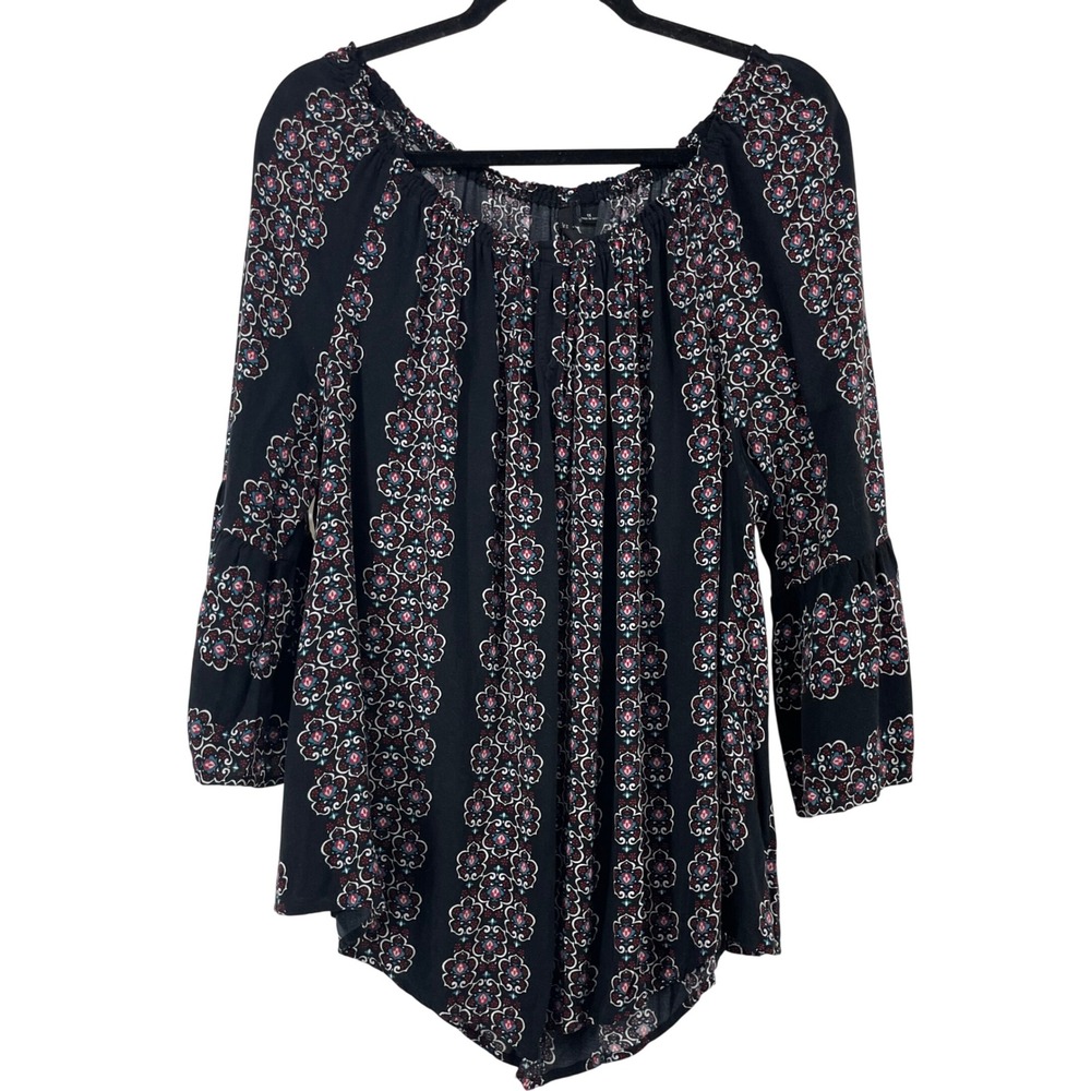 New Directions Size 1X Blouse Black Floral Medallion Bell Sleeve Boho Womens